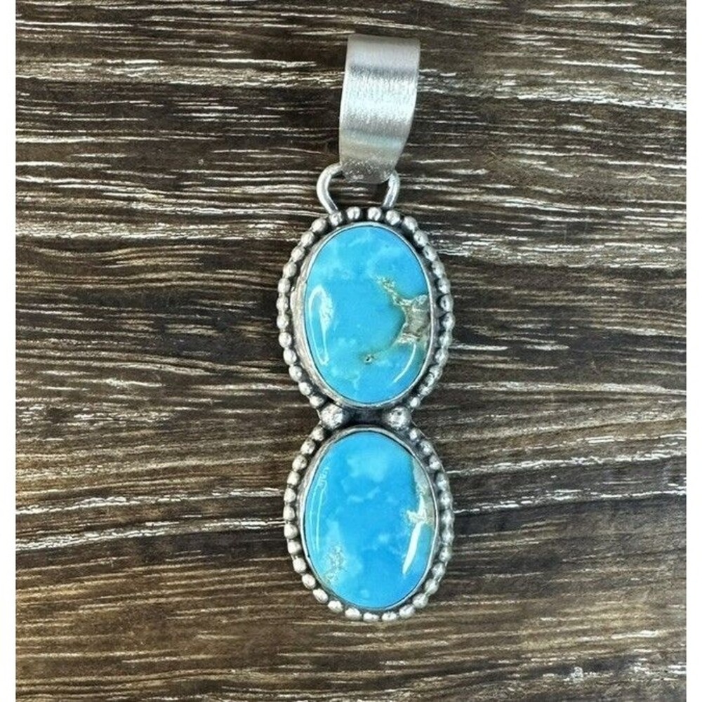 Native Southwest Sterling Silver Kingman Turquoise 2 Stone Beaded Edge Pendant